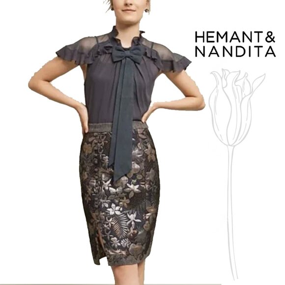 HEMANT & NANDITA / Anthropologie Metallic Floral Brocade Skirt